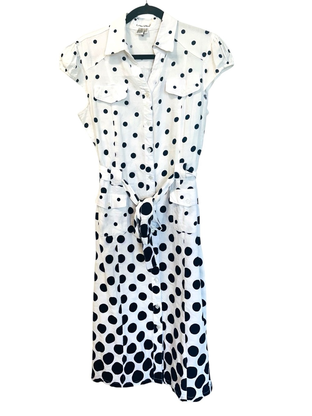Lino USA Linen Blend Button Front Polka Dot Belted Shirt Dress White/Navy SZ L